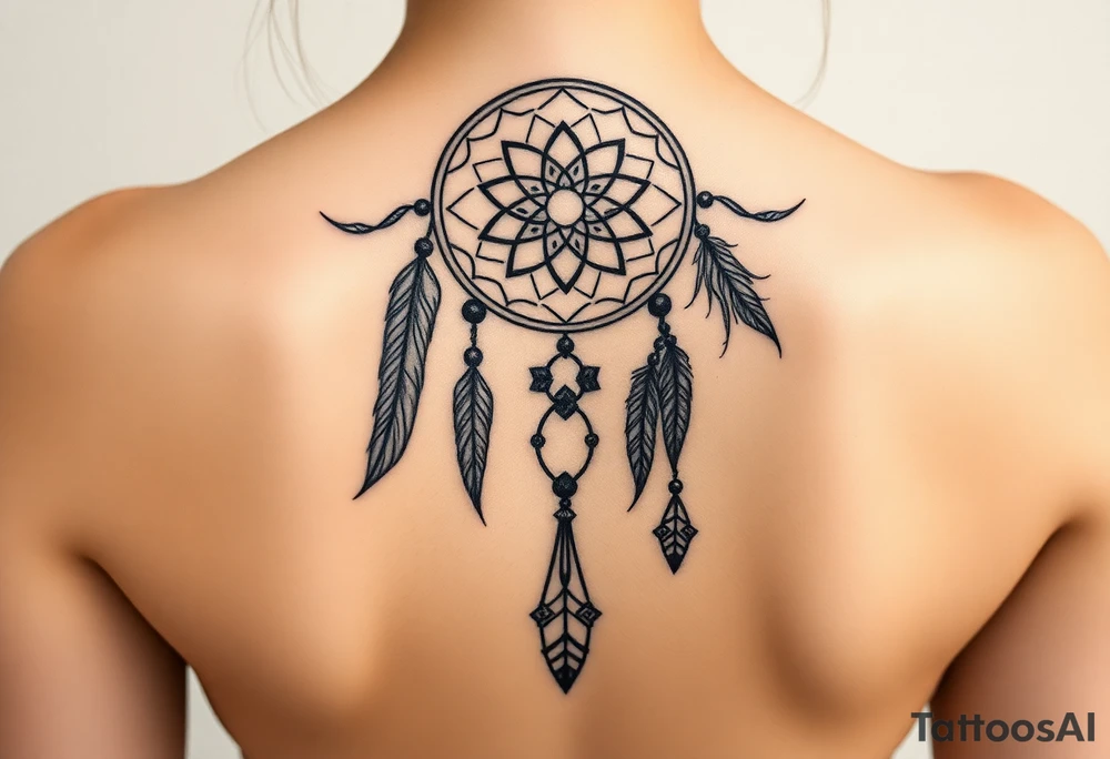 native dreamcatcher with flowing feathers and sacred beads tattoo idea