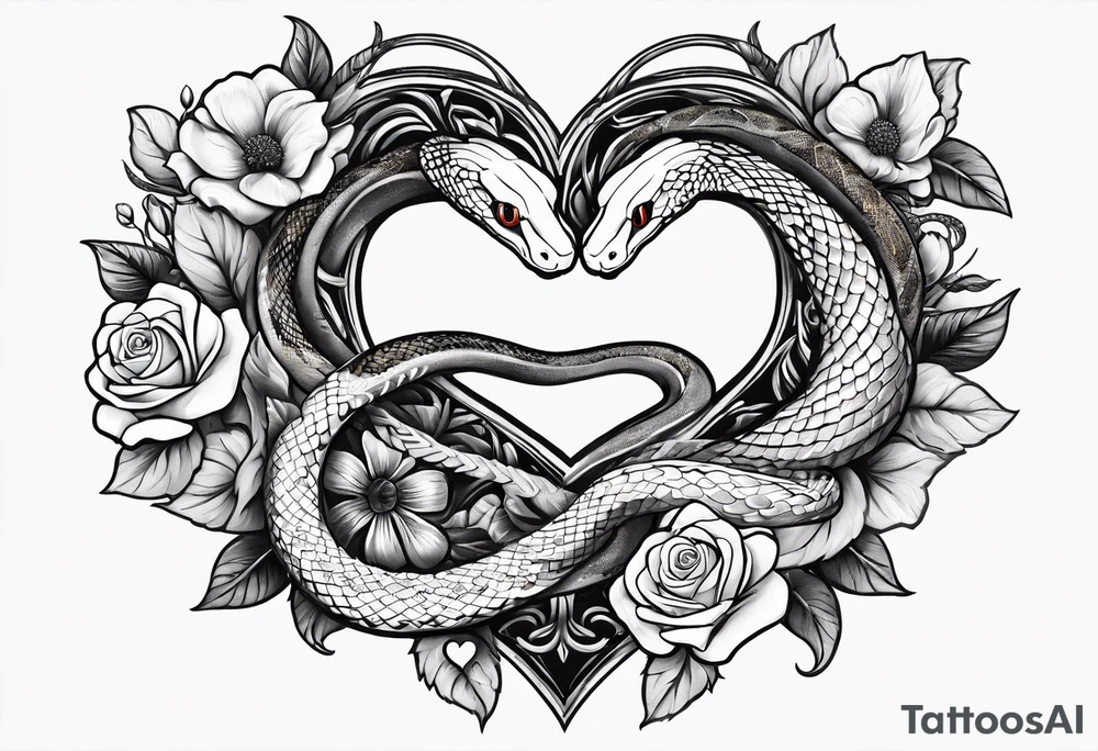snakes wrapped around a heart with flowers tattoo idea