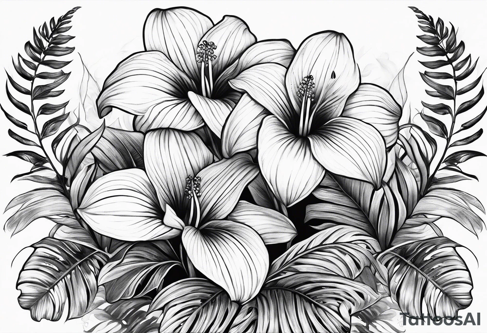 trillium flowers, sword fern, long style tattoo idea