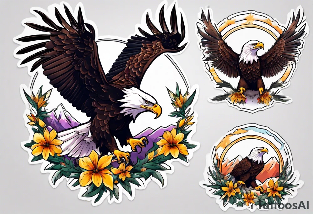 bald eagle with wings spread with mountain flowers in the background tattoo idea
