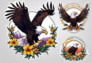 bald eagle with wings spread with mountain flowers in the background tattoo idea