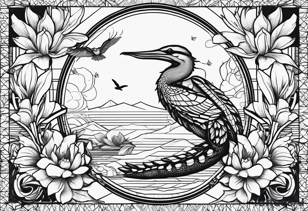 bee in the center of tattoo, alligator on the side, magnolia's around them with a pelican on top tattoo idea
