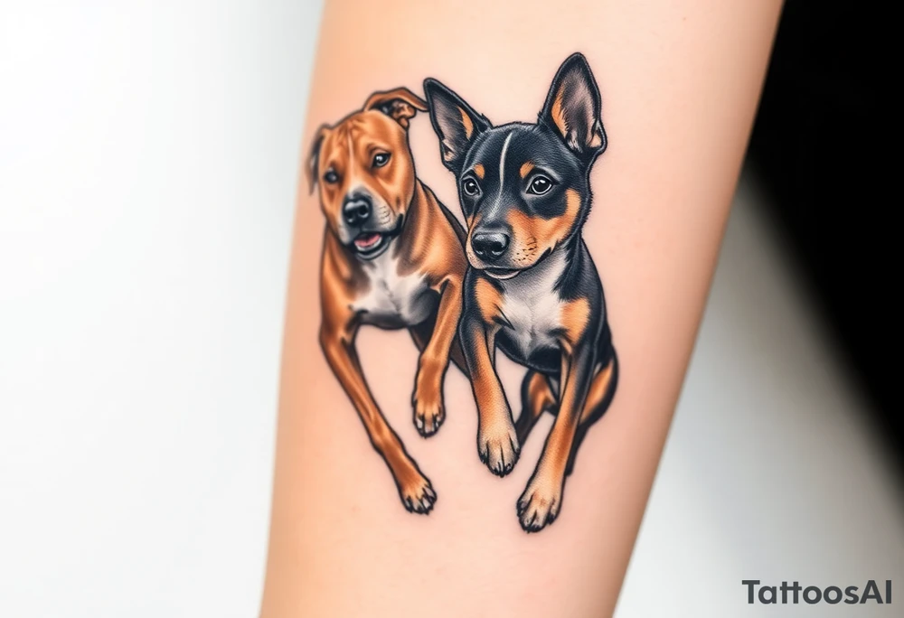 a tan pitbull and a black Australian cattle dog playing together tattoo idea