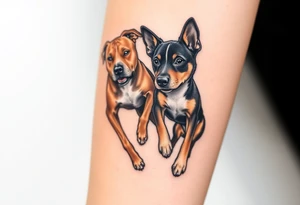 a tan pitbull and a black Australian cattle dog playing together tattoo idea