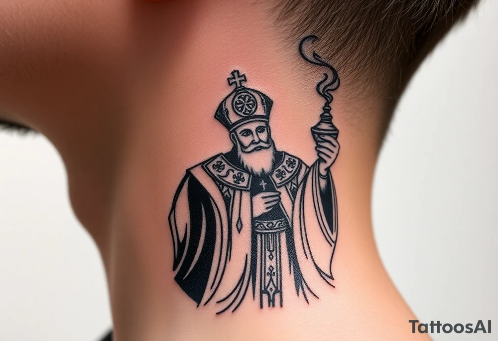 Russian Orthodox Priest in a fully detailed gold vestment swinging a censer with smoke curling upward tattoo idea
