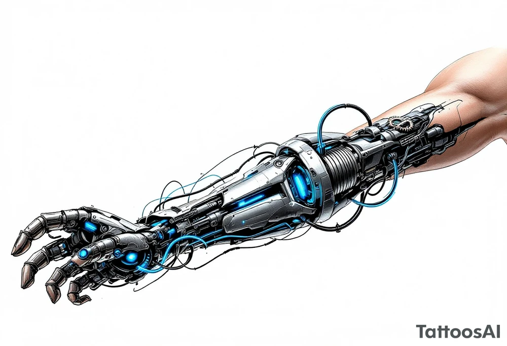 A cybernetic arm with exposed gears and wires, in brushed metal, steel blue, and glowing neon accents, appearing as if the skin is peeling away. tattoo idea