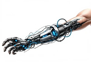 A cybernetic arm with exposed gears and wires, in brushed metal, steel blue, and glowing neon accents, appearing as if the skin is peeling away. tattoo idea