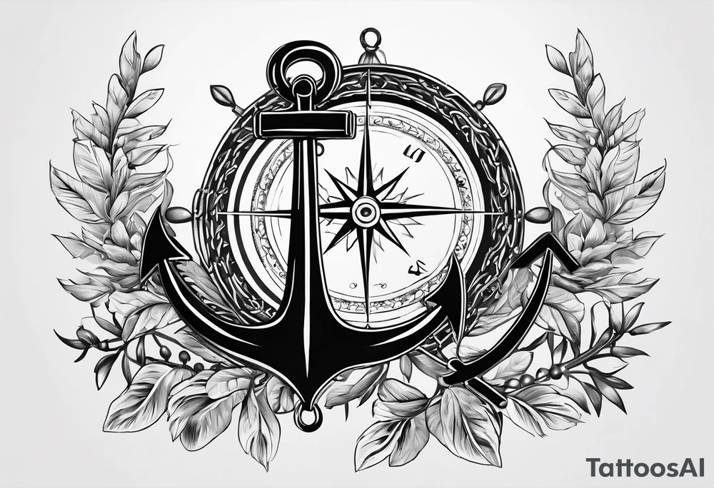 A selucid style anchor in front of a compass and a olive branch wreathe wrapped around the compass tattoo idea