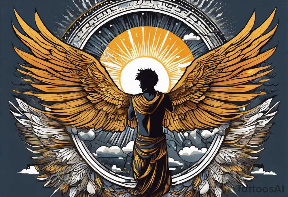 "Create a tattoo design of Icarus with wide, detailed wings, depicted in an ascending flight position. His face reflects a mix of determination and euphoria. The sun shines brightly in the background, symbolizing his ambition. Some feathers from his wings are falling to represent the fragility of his dreams. The design includes dynamic clouds and abstract patterns to add depth and movement, capturing the essence of Icarus's myth while maintaining an artistic and stylized approach." tattoo idea