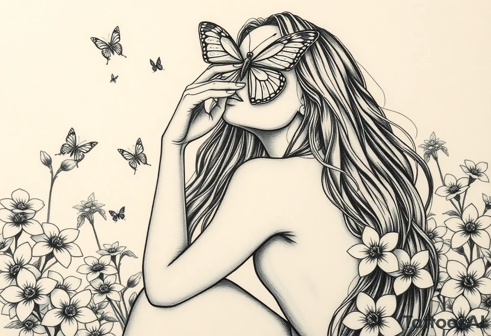 Women with long long hairs beautiful  deep fatures kneeling looking up with her her lips sealed shut as saying for speak no evil and the top where her eyes are a theres a big butterfly that's lower part of its body is covering her eyes like a blond fold for see no evil with her hand covering her hears for hear no evil amd surrounding her mediem to small and smaller butterfly's while she is kneeling in a garden with Beautiful pink plumeria surrounding her tattoo idea