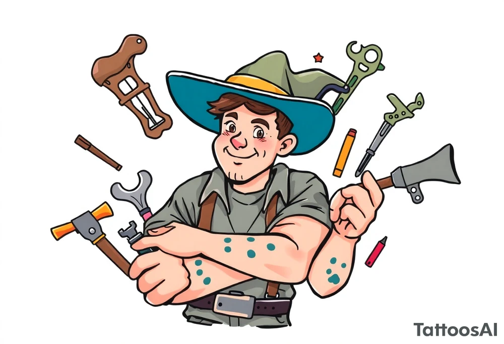 Handsome young adult guy is  occasionally found witch supplies, tools, equipment tattoo idea