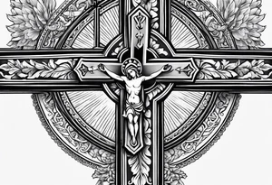 catholic cross in the back with prayer hands in the front with a white dove on the side tattoo idea