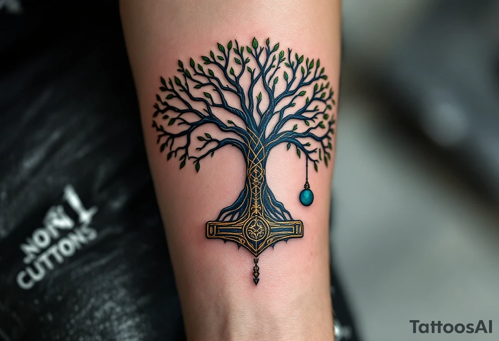 A Nordic tree of life (Yggdrasil) with Mjölnir hammer hanging from one of its branches, in shades of green, blue, and silver. tattoo idea