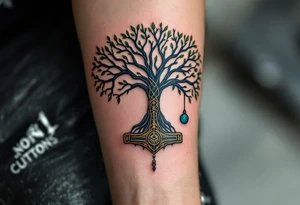 A Nordic tree of life (Yggdrasil) with Mjölnir hammer hanging from one of its branches, in shades of green, blue, and silver. tattoo idea