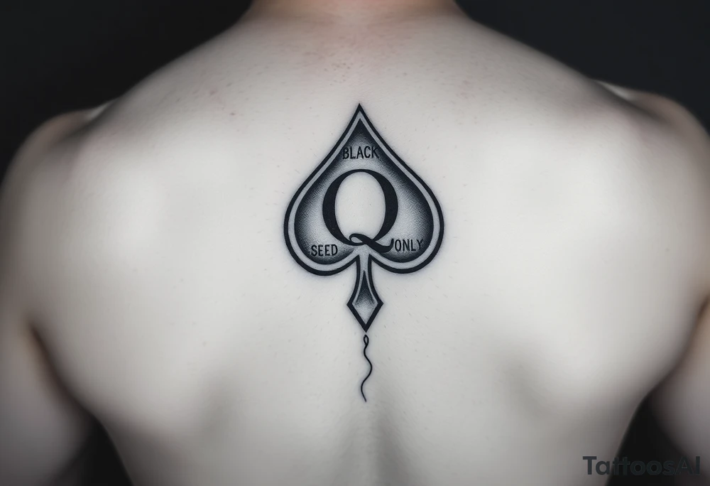 A spade womb tattoo with a Q in the center, with three points around the outside. The first reading, "BLACK". The second reading, "SEED". The third reading, "ONLY". A winding tail at the bottom of the spade. tattoo idea