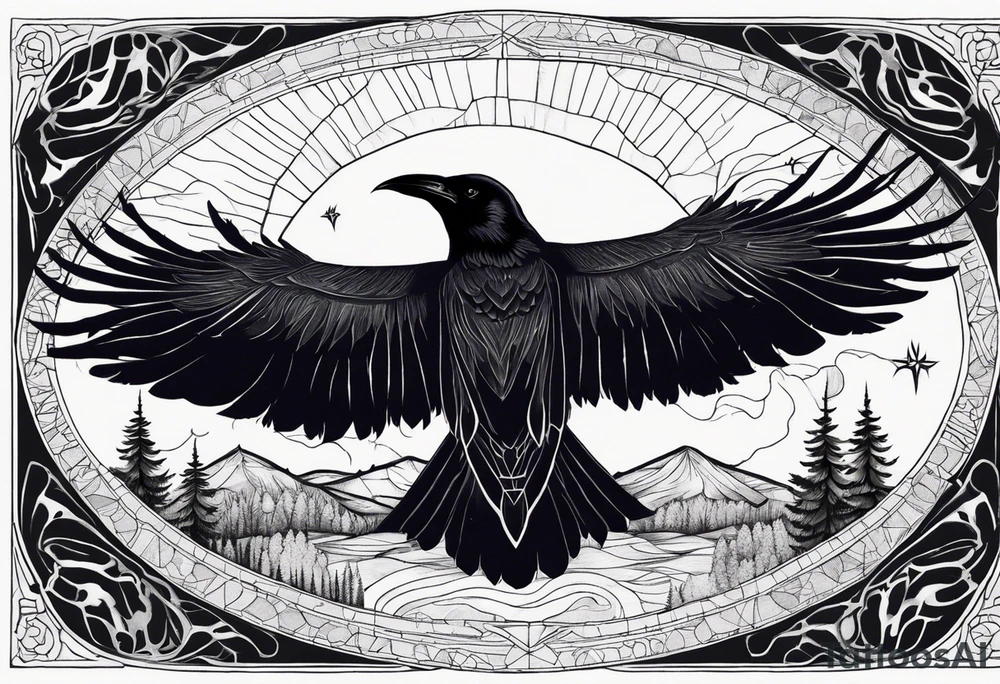 Raven diving, occult, mystical, knowing, light behind its eyes, ethereal, night sky and trees in the background tattoo idea