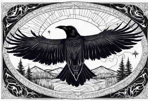 Raven diving, occult, mystical, knowing, light behind its eyes, ethereal, night sky and trees in the background tattoo idea