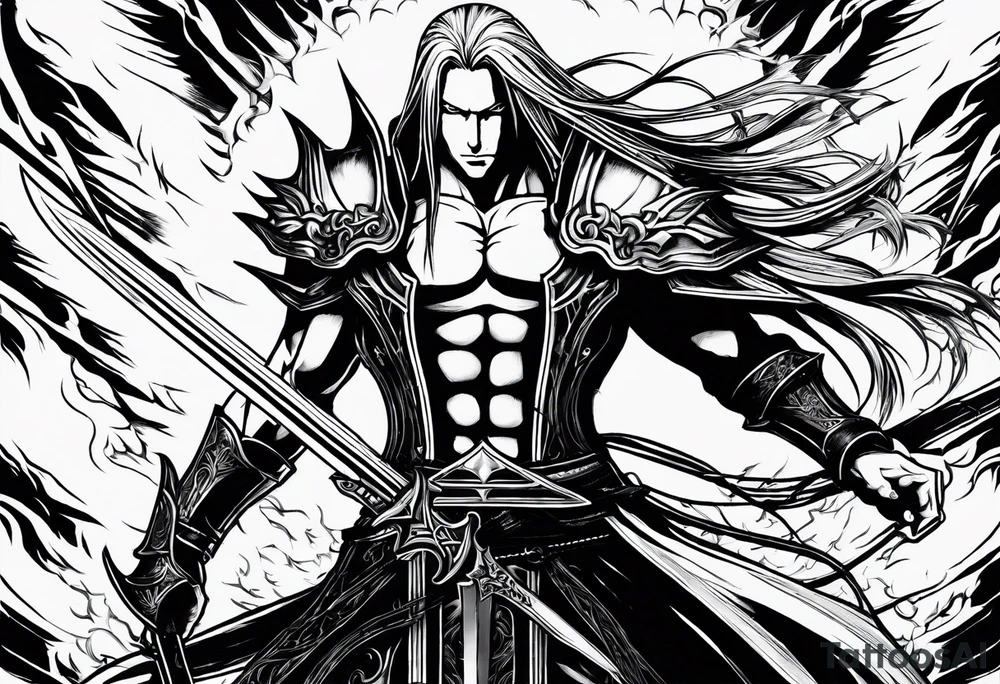 Sephiroth surrounded by flames with his sword and full armour tattoo idea