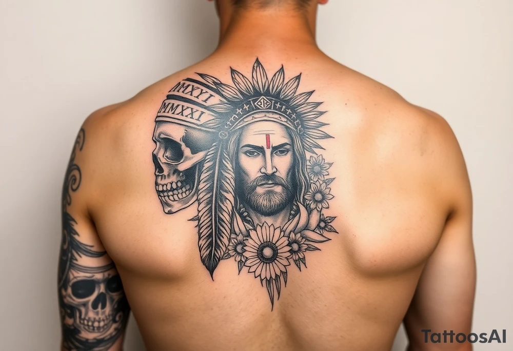 Arm sleeve tattoo. Starting at the shoulder black Indian headdress skull face with red strip war paint on left side of skull, Jesus Christ on forearm, floral background, MMXII and MMXIV on each side of Jesus. tattoo idea