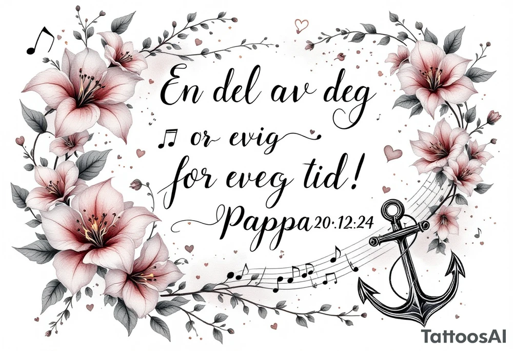 make a quote saying "En del av deg for evig tid! 
Pappa 20.12.24"
Surrounded by delicate long blossom gladious, music notes, hearts and an anchor on the lower right side tattoo idea