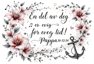 make a quote saying "En del av deg for evig tid! 
Pappa 20.12.24"
Surrounded by delicate long blossom gladious, music notes, hearts and an anchor on the lower right side tattoo idea