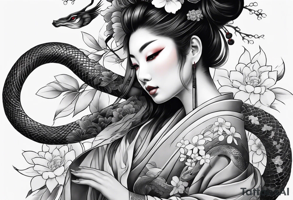 High contrast black and grey Japanese full arm tattoo, geisha on upper arm and snake with flowers going down the forearm imagine tattoo idea