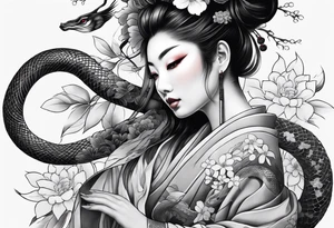 High contrast black and grey Japanese full arm tattoo, geisha on upper arm and snake with flowers going down the forearm imagine tattoo idea