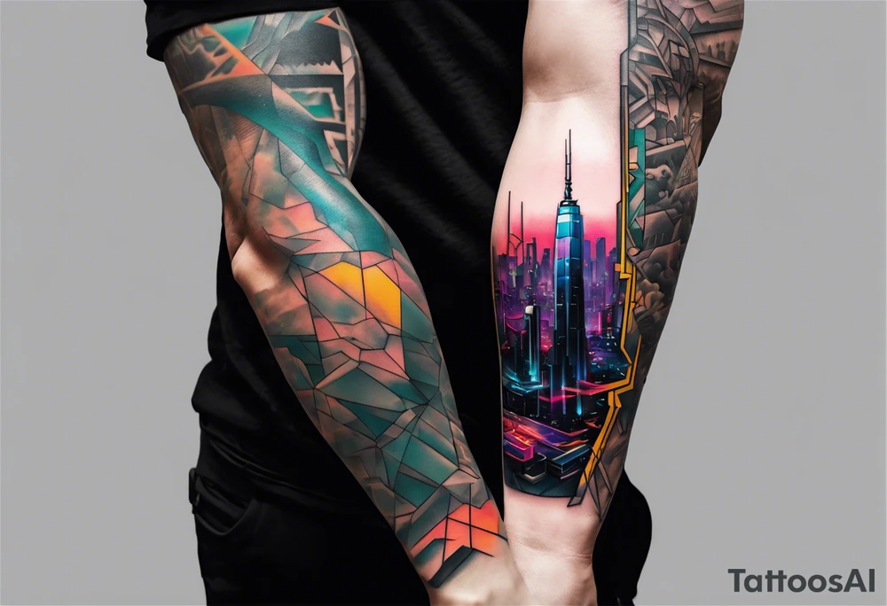 cyberpunk 2077, forearm tattoo, geometric, subtle, men, city skyline, bright colour, tattoo idea