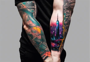 cyberpunk 2077, forearm tattoo, geometric, subtle, men, city skyline, bright colour, tattoo idea
