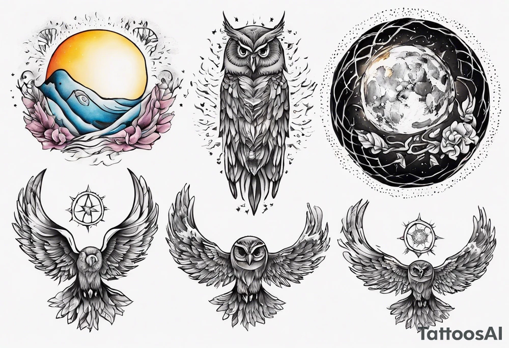 Mond und Sonne mit Eule und Wassermann tattoo idea