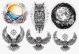 Mond und Sonne mit Eule und Wassermann tattoo idea