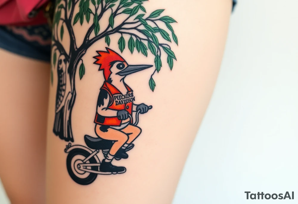 Woody the woodpecker wearing a leather vest that says peckerwoods, on a Harley Davidson under a willow tree, gazing in love at a barn owl tattoo idea
