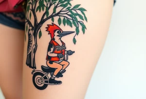 Woody the woodpecker wearing a leather vest that says peckerwoods, on a Harley Davidson under a willow tree, gazing in love at a barn owl tattoo idea
