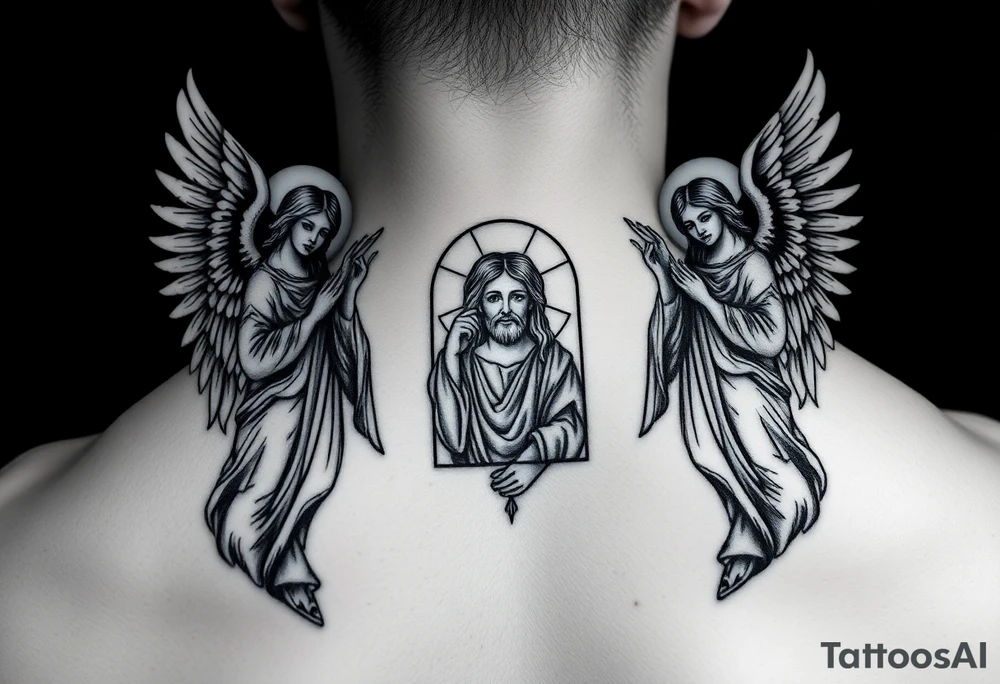 russian orthodox symmetrical guardian angel icon on left and right side of back with both angels holding up a jesus potrait tattoo idea