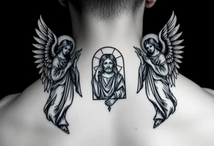 russian orthodox symmetrical guardian angel icon on left and right side of back with both angels holding up a jesus potrait tattoo idea