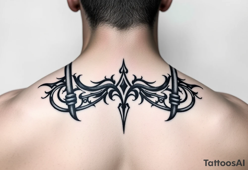 straps around arms and shouldrs with tribal design tattoo idea