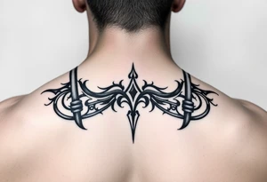 straps around arms and shouldrs with tribal design tattoo idea