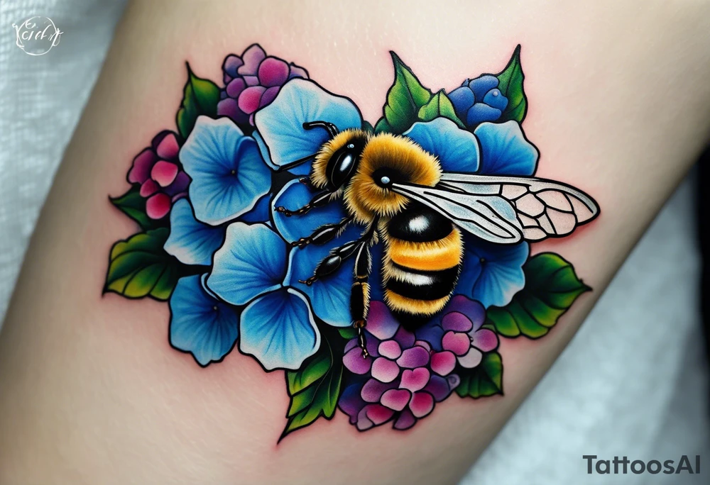 Small tattoo. There’s a hydrangea and a bee but they are not touching. Make the bee smaller than the hydrangea and have the bee off to the side. tattoo idea