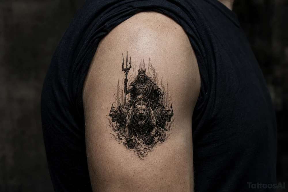 Hades with Cerberus in a dark, mythological style. tattoo idea