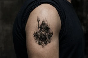 Hades with Cerberus in a dark, mythological style. tattoo idea