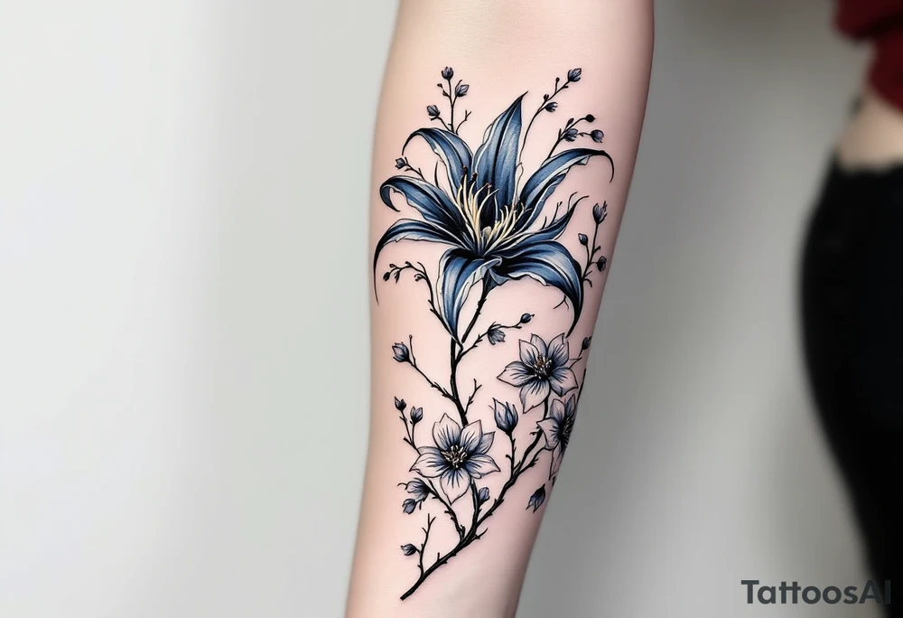 blue spider lily in black and white colours from the anime demon slayer and Cherry Blossoms wrapped around the arm tattoo idea