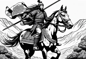 Mongol warrior on horseback carrying a head of a dead samurai tattoo idea