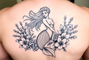 ethereal mermaid with flowing hair among coral and sea flowers tattoo idea