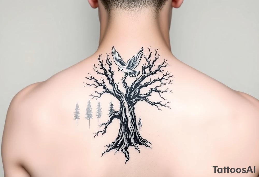 "A tattoo design featuring sun rays radiating from the top of the shoulder, with a serene forest scene in the background. Incorporate a prominent 'poison tree' design, featuring twisted and gnarled branches, symbolizing duality or mystery. Add a white dove in flight in the foreground, positioned slightly above or near the tree, symbolizing peace and hope. The overall design should have a balance of contrast and shading, blending realism with a slightly surreal artistic style." tattoo idea
