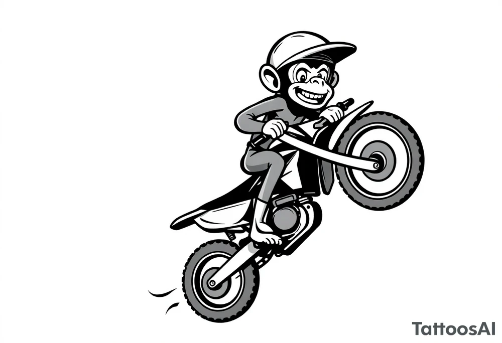 Cartoon monkey with helmet on a dirtbike doing a wheelie tattoo idea