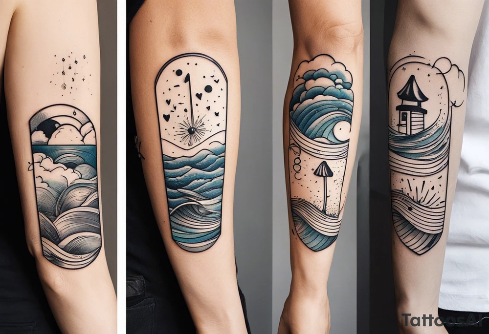 simple icons down the back of the arm featuring four icons:

1. a music note on a staff
2. a wave of water
3. a pocket
4. mushroom tattoo idea