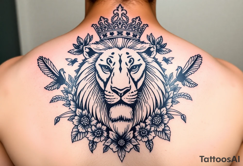 powerful majestic lion with a crown, surrounded by floral ornaments and birds tattoo idea