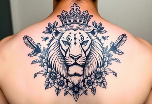 powerful majestic lion with a crown, surrounded by floral ornaments and birds tattoo idea