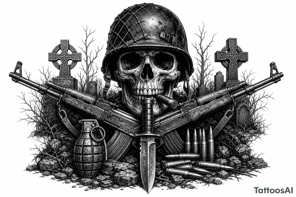 Graveyard scene with skull in helmet, cigar, crossed rifles, knife, grenade, cartridges, dark fantasy. tattoo idea
