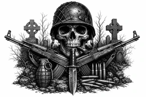 Graveyard scene with skull in helmet, cigar, crossed rifles, knife, grenade, cartridges, dark fantasy. tattoo idea